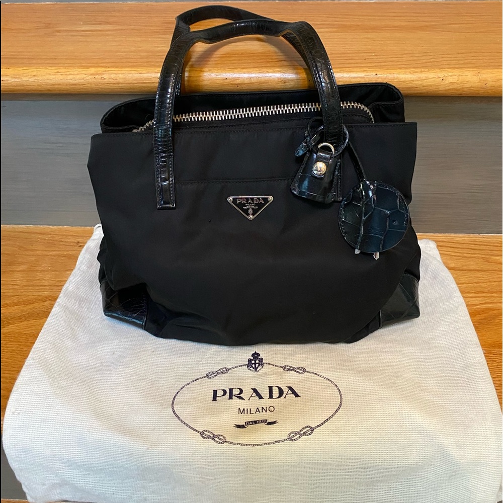 Prada Nero nylon and croc-finish leather satchel